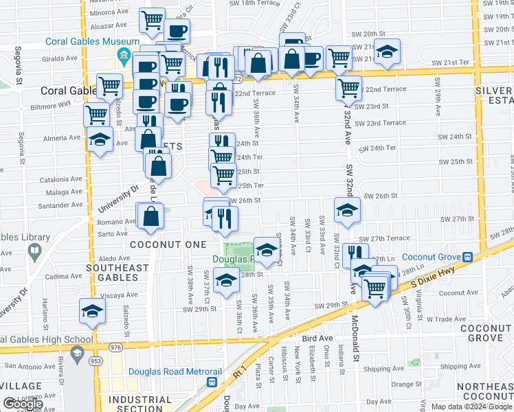map of restaurants, bars, coffee shops, grocery stores, and more near 3554 Southwest 26th Street in Miami