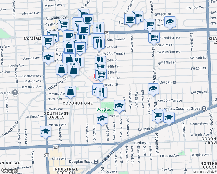 map of restaurants, bars, coffee shops, grocery stores, and more near 3631 Southwest 26th Street in Miami