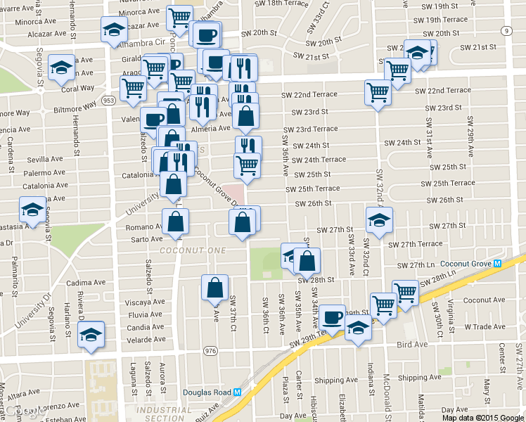 map of restaurants, bars, coffee shops, grocery stores, and more near 3631 Southwest 26th Street in Miami