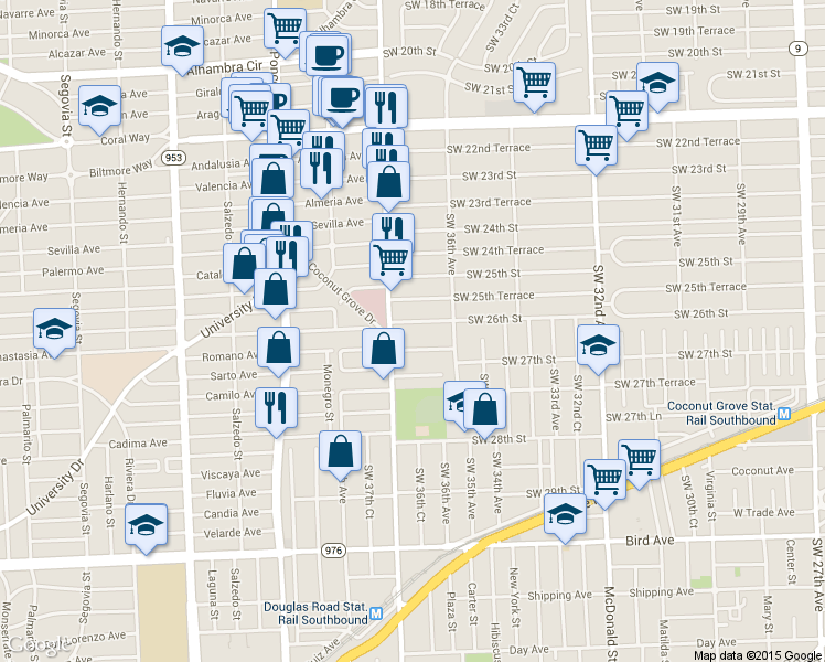 map of restaurants, bars, coffee shops, grocery stores, and more near 3631 Southwest 26th Street in Miami
