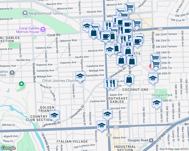 map of restaurants, bars, coffee shops, grocery stores, and more near 511 Santander Avenue in Coral Gables