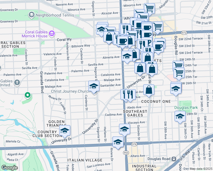map of restaurants, bars, coffee shops, grocery stores, and more near 511 Santander Avenue in Coral Gables