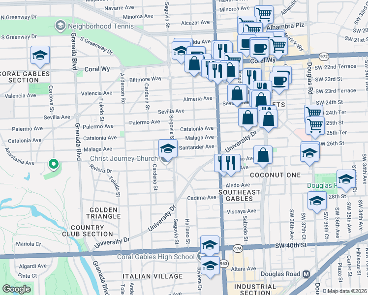 map of restaurants, bars, coffee shops, grocery stores, and more near 511 Santander Avenue in Coral Gables