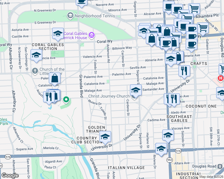 map of restaurants, bars, coffee shops, grocery stores, and more near 811 Malaga Avenue in Coral Gables