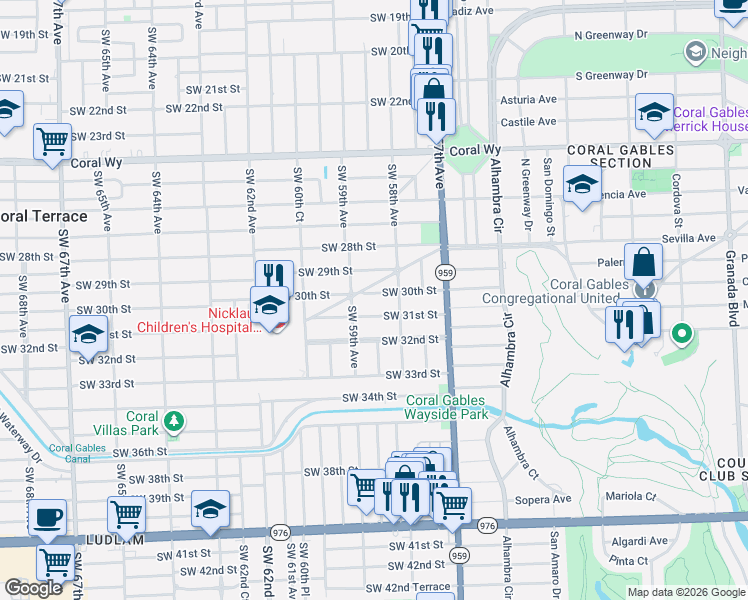map of restaurants, bars, coffee shops, grocery stores, and more near 5877 Devonshire Boulevard in Miami