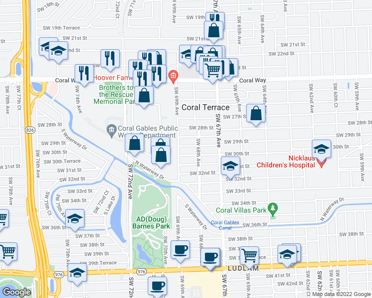map of restaurants, bars, coffee shops, grocery stores, and more near 6801 Southwest 29th Street in Miami