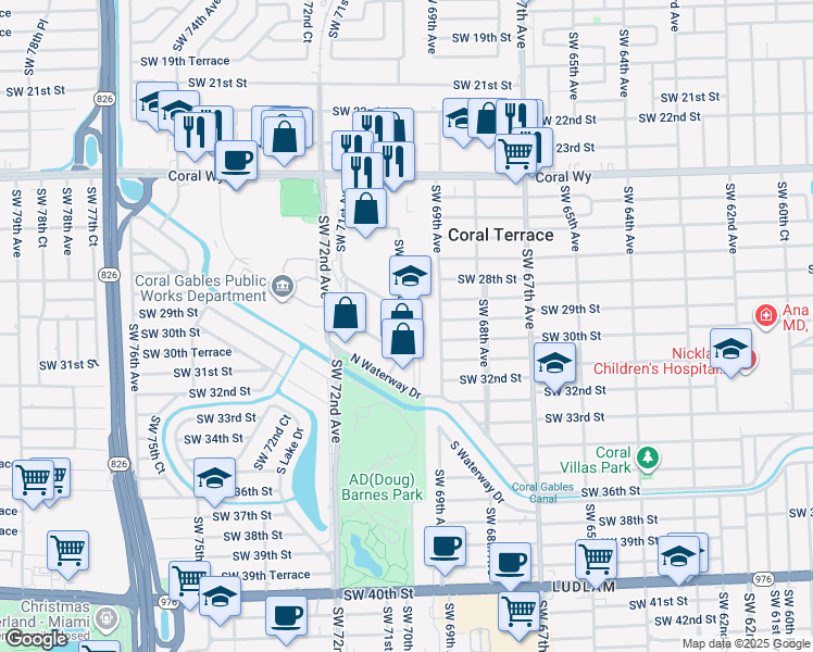 map of restaurants, bars, coffee shops, grocery stores, and more near 2811 Southwest 70th Avenue in Miami