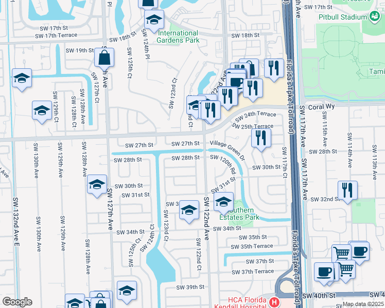 map of restaurants, bars, coffee shops, grocery stores, and more near 12224 Southwest 27th Street in Miami