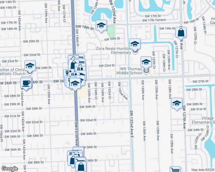 map of restaurants, bars, coffee shops, grocery stores, and more near 13392 Southwest 26th Terrace in Miami