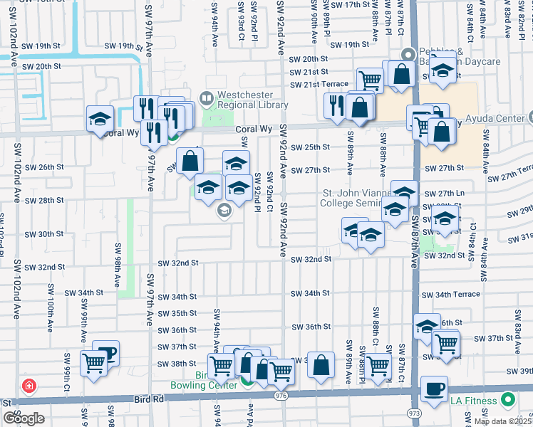 map of restaurants, bars, coffee shops, grocery stores, and more near 2831 Southwest 92nd Court in Miami