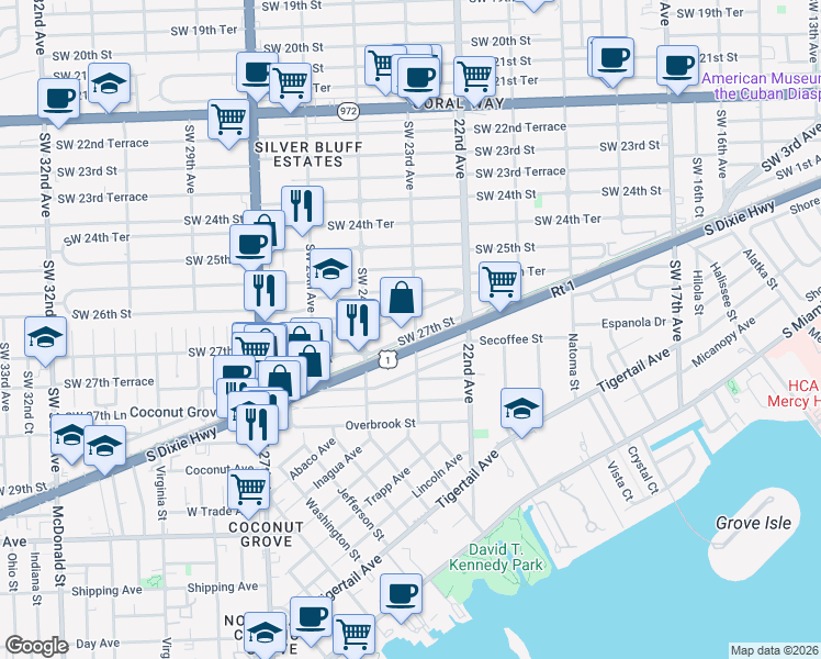map of restaurants, bars, coffee shops, grocery stores, and more near in Miami