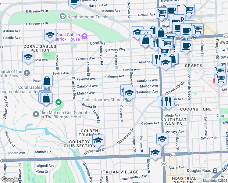 map of restaurants, bars, coffee shops, grocery stores, and more near 734 Malaga Avenue in Coral Gables