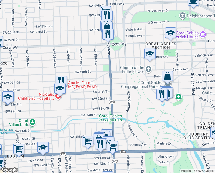 map of restaurants, bars, coffee shops, grocery stores, and more near 5722 Southwest 30th Street in Miami