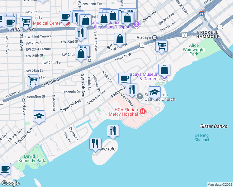 map of restaurants, bars, coffee shops, grocery stores, and more near 3666 South Miami Avenue in Miami