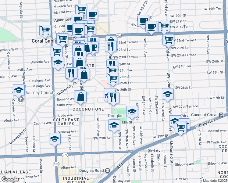 map of restaurants, bars, coffee shops, grocery stores, and more near None in Coral Gables