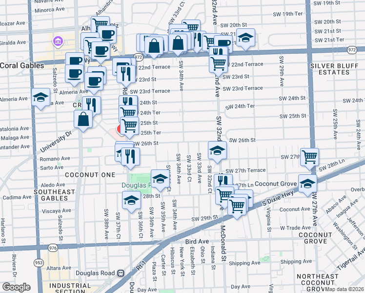 map of restaurants, bars, coffee shops, grocery stores, and more near 3400 Southwest 26th Street in Miami