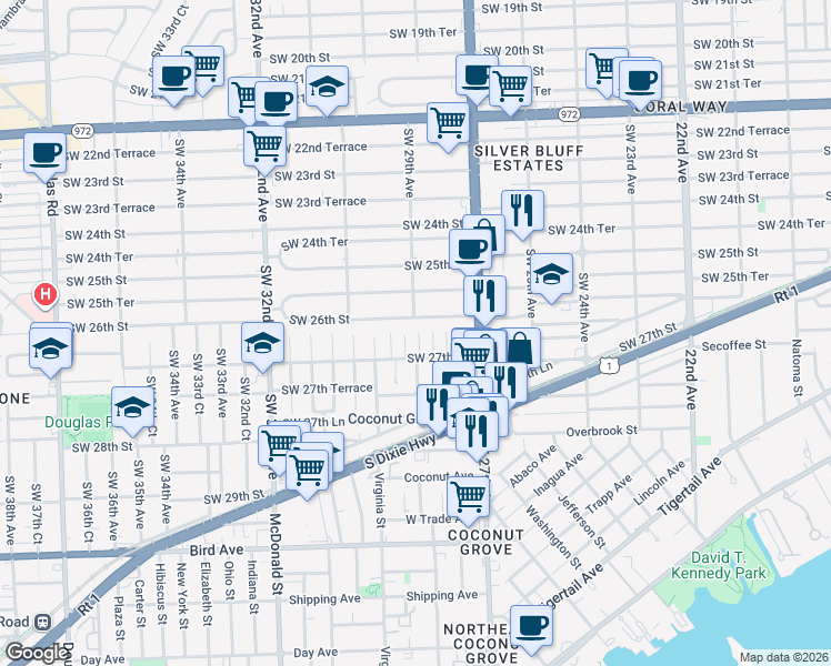 map of restaurants, bars, coffee shops, grocery stores, and more near 2924 Southwest 26th Street in Miami