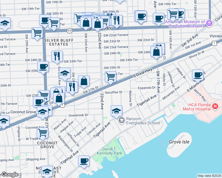map of restaurants, bars, coffee shops, grocery stores, and more near 2140 South Dixie Highway in Miami