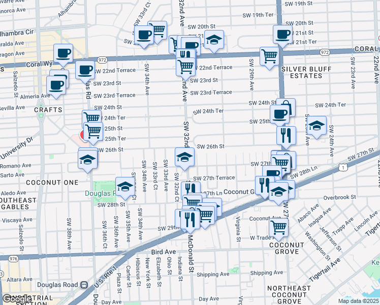 map of restaurants, bars, coffee shops, grocery stores, and more near 3184 Southwest 26th Street in Miami