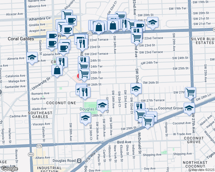 map of restaurants, bars, coffee shops, grocery stores, and more near 3400 Southwest 26th Street in Miami
