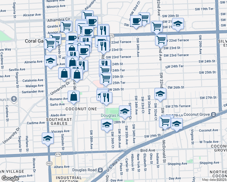 map of restaurants, bars, coffee shops, grocery stores, and more near 3631 Southwest 26th Street in Miami