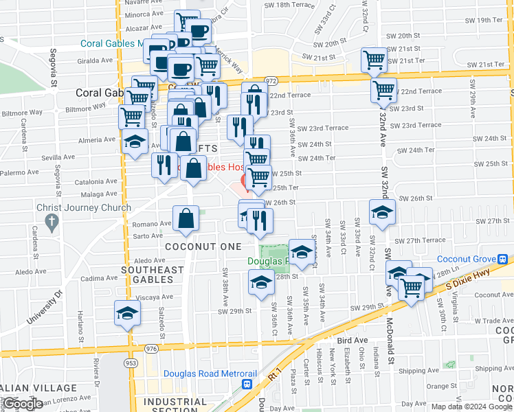 map of restaurants, bars, coffee shops, grocery stores, and more near in Coral Gables