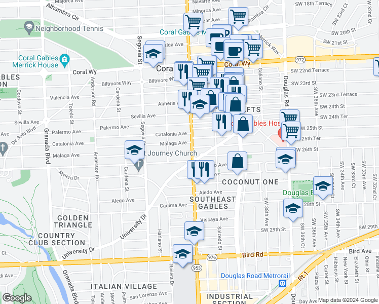 map of restaurants, bars, coffee shops, grocery stores, and more near 351 Santander Avenue in Coral Gables