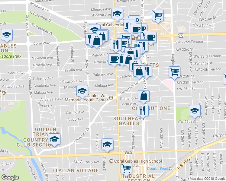 map of restaurants, bars, coffee shops, grocery stores, and more near 427 Santander Avenue in Coral Gables