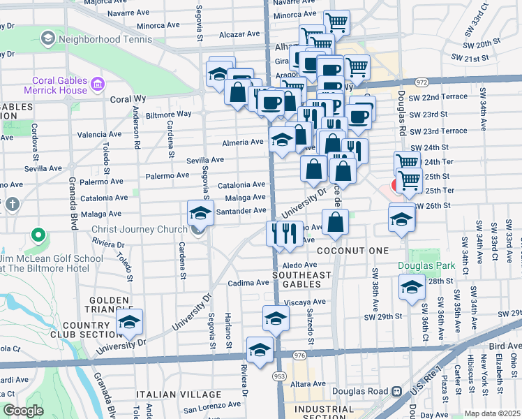 map of restaurants, bars, coffee shops, grocery stores, and more near 427 Santander Avenue in Coral Gables