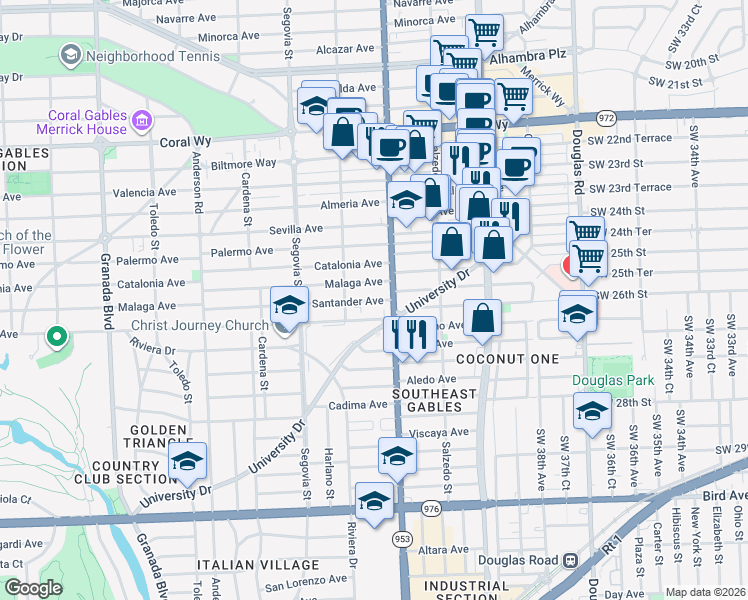 map of restaurants, bars, coffee shops, grocery stores, and more near 427 Santander Avenue in Coral Gables