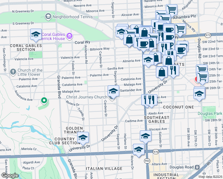 map of restaurants, bars, coffee shops, grocery stores, and more near in Coral Gables