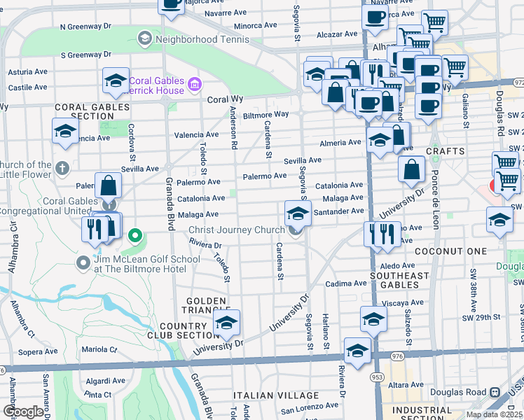 map of restaurants, bars, coffee shops, grocery stores, and more near 734 Malaga Avenue in Coral Gables