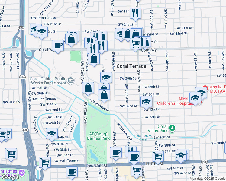 map of restaurants, bars, coffee shops, grocery stores, and more near 2872 Southwest 69th Avenue in Miami