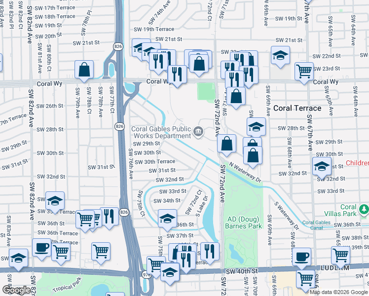 map of restaurants, bars, coffee shops, grocery stores, and more near 7365 South Waterway Drive in Miami