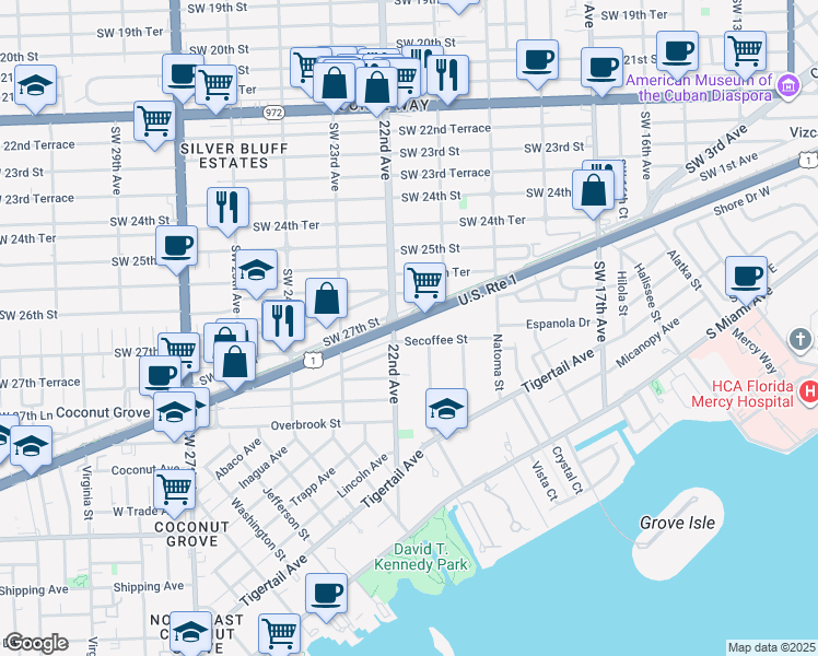 map of restaurants, bars, coffee shops, grocery stores, and more near 2150 South Dixie Highway in Miami