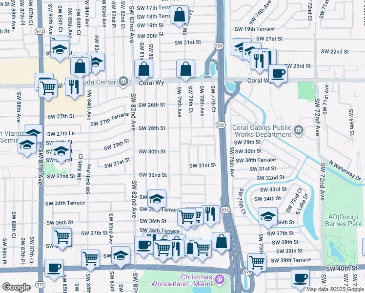 map of restaurants, bars, coffee shops, grocery stores, and more near 2955 Southwest 79th Avenue in Miami
