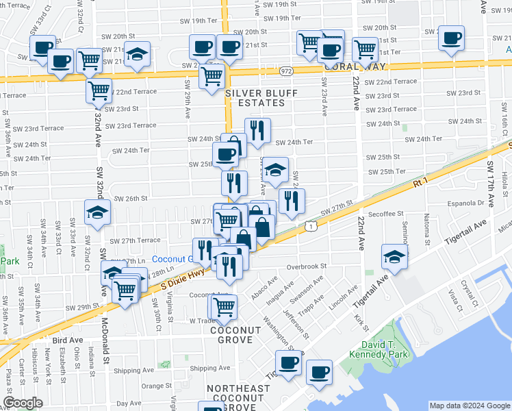 map of restaurants, bars, coffee shops, grocery stores, and more near 2581 Southwest 26th Lane in Miami