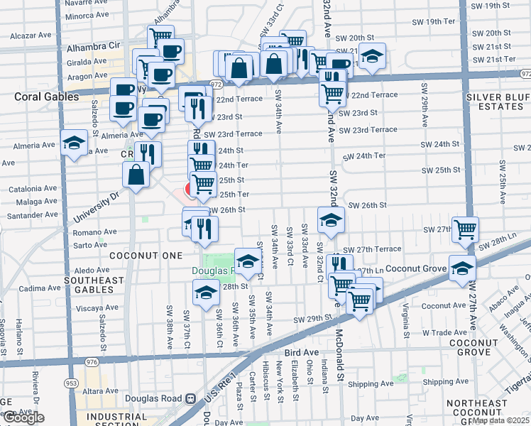 map of restaurants, bars, coffee shops, grocery stores, and more near 3400 Southwest 26th Street in Miami