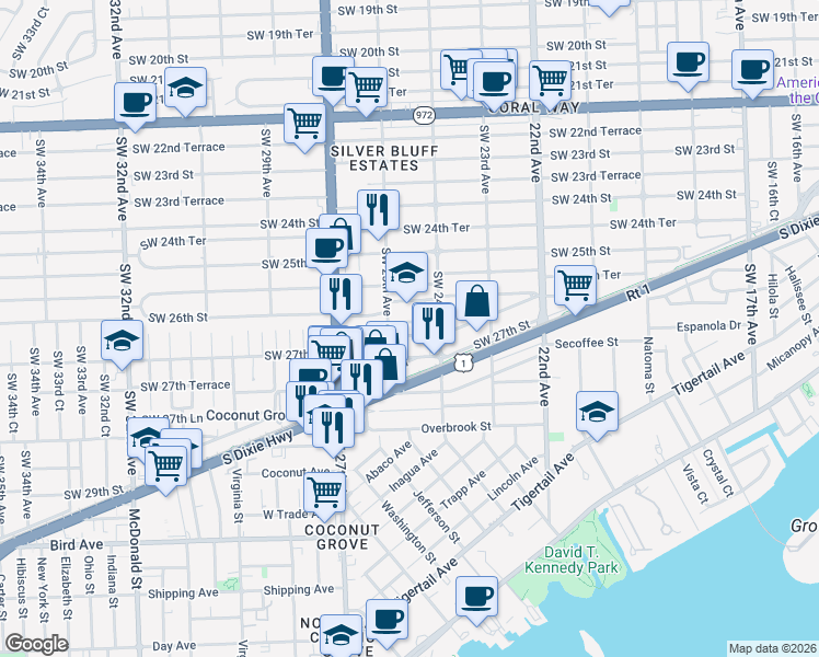 map of restaurants, bars, coffee shops, grocery stores, and more near 2475 Southwest 26th Lane in Miami