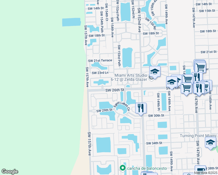 map of restaurants, bars, coffee shops, grocery stores, and more near 15438 Southwest 25th Terrace in Miami