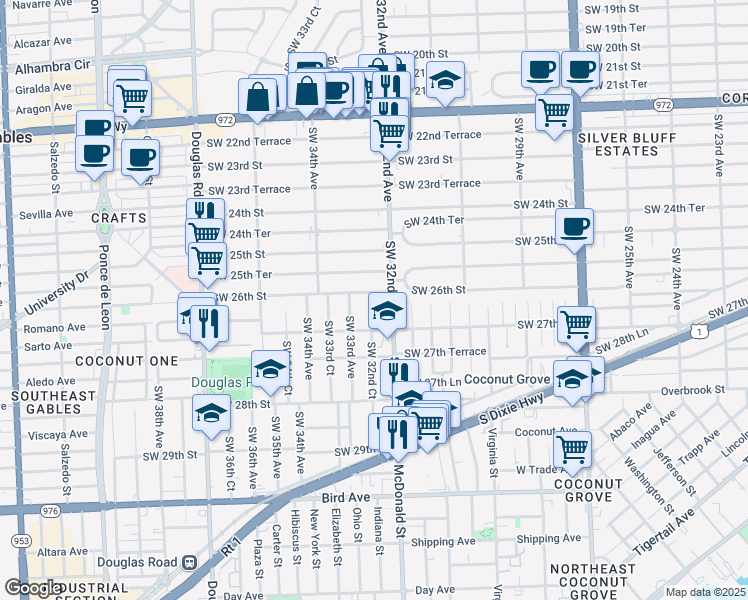 map of restaurants, bars, coffee shops, grocery stores, and more near 2621 Southwest 32nd Court in Miami