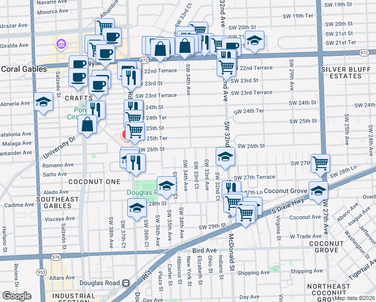 map of restaurants, bars, coffee shops, grocery stores, and more near 3400 Southwest 26th Street in Miami