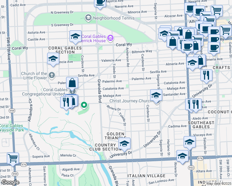 map of restaurants, bars, coffee shops, grocery stores, and more near 3025 Toledo Street in Coral Gables