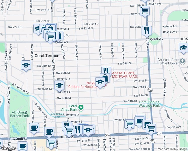 map of restaurants, bars, coffee shops, grocery stores, and more near 6261 Southwest 30th Street in Miami