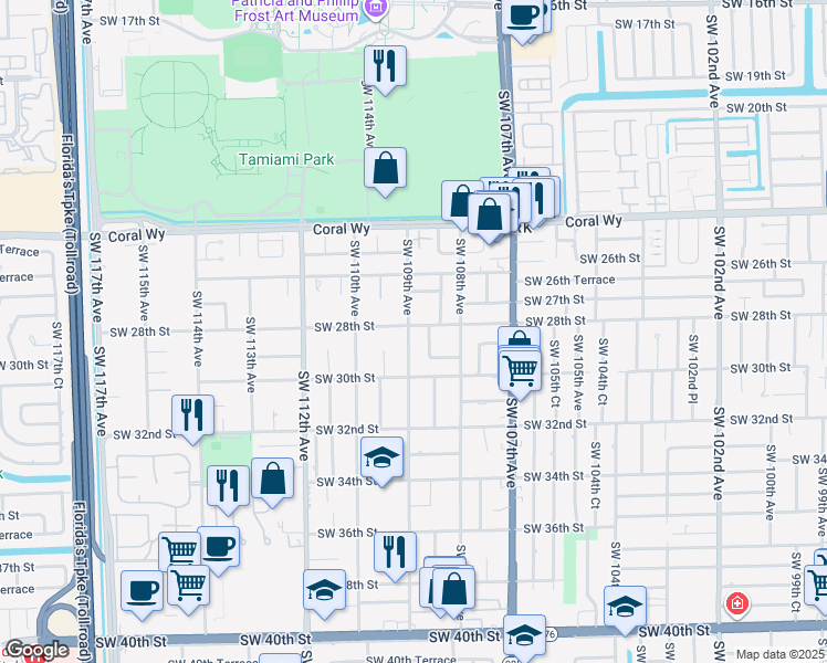 map of restaurants, bars, coffee shops, grocery stores, and more near 2801 Southwest 109th Avenue in Miami