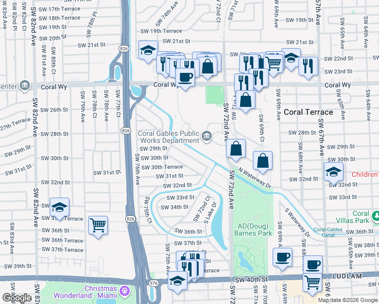 map of restaurants, bars, coffee shops, grocery stores, and more near 7365 South Waterway Drive in Miami