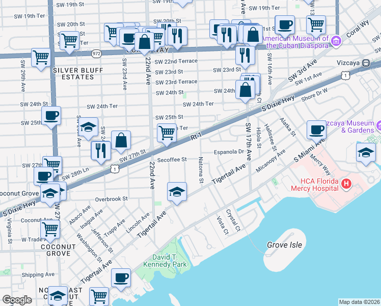 map of restaurants, bars, coffee shops, grocery stores, and more near 2680 Southwest 19th Avenue in Miami