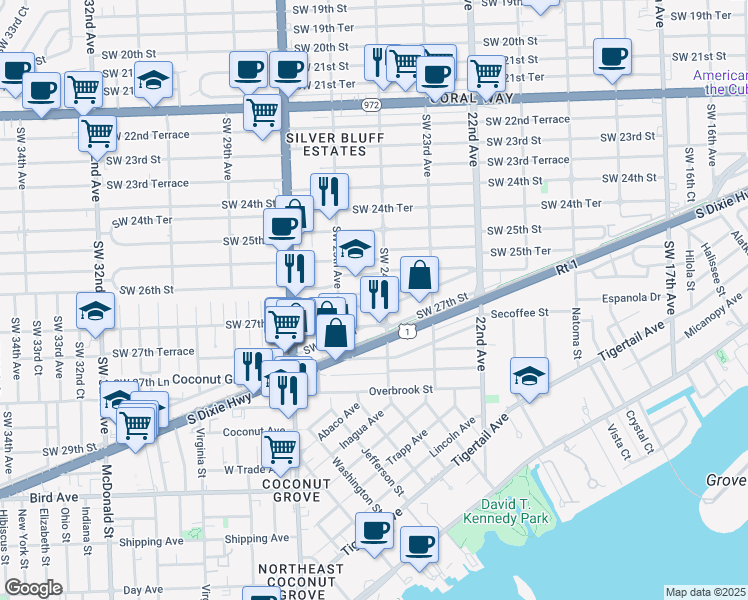 map of restaurants, bars, coffee shops, grocery stores, and more near 2475 Southwest 26th Lane in Miami