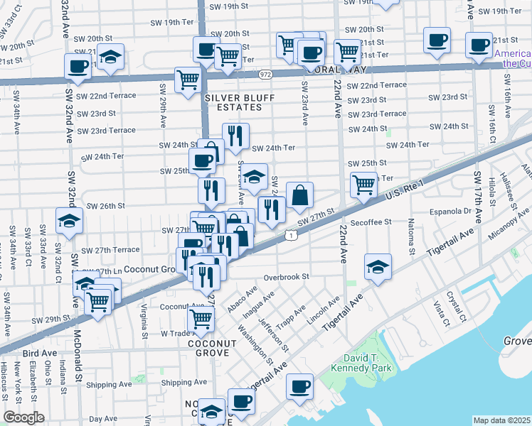map of restaurants, bars, coffee shops, grocery stores, and more near 2475 Southwest 26th Lane in Miami