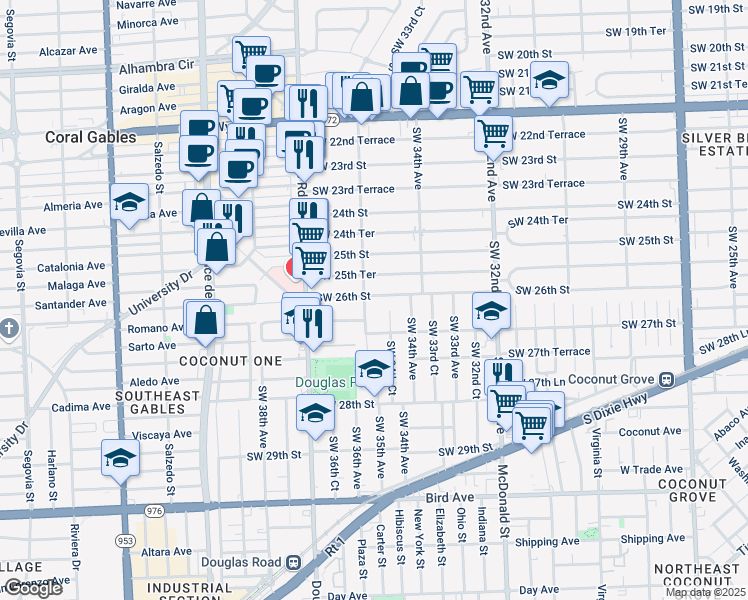 map of restaurants, bars, coffee shops, grocery stores, and more near 3554 Southwest 26th Street in Miami